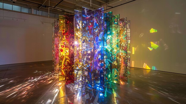 Photo a colorful glass art installation reflecting light in a gallery setting