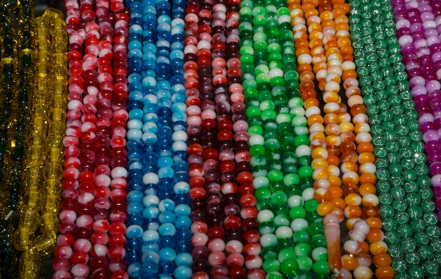 Colorful glass beads on the souvenir shop shelf