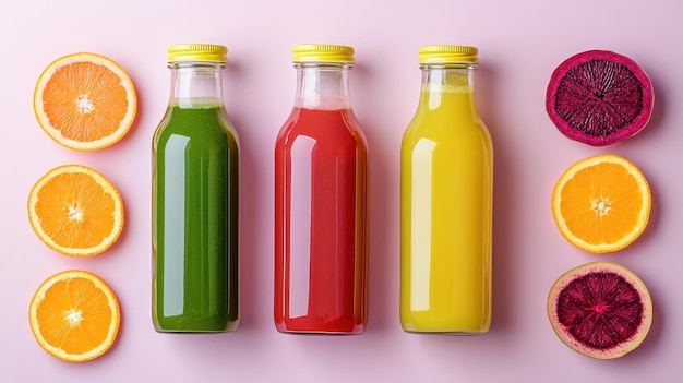 Colorful glass bottles of fresh juices showcase healthy drinks against a pastel background