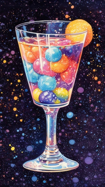 A colorful glass of candy sits on a black background.