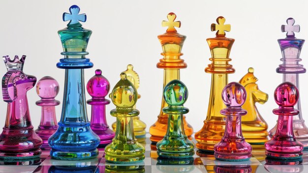 Photo colorful glass chess pieces on a checkerboard