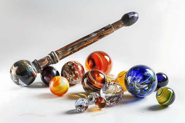 Colorful Glass Marbles and Wooden Object on White Background