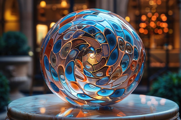 Photo the colorful glass orb rests on a marble table amid warm inviting indoor ambiance