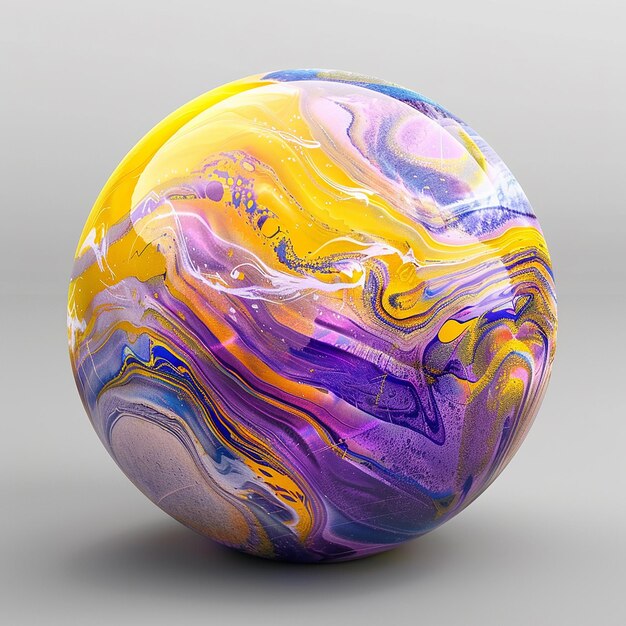 Photo a colorful glass sphere with a purple and yellow swirl on it