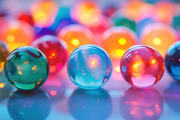 Colorful glass spheres with blurred lights in the background