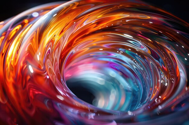 Photo colorful glass swirl reflections on black surface abstract background