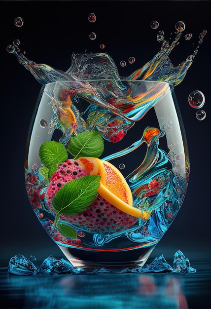 A colorful glass of water with a splash of liquid and a strawberry in it.