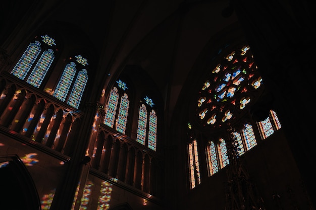 Colorful glass windows inside the Buen Pastor cathedral in San SebastiÃÂÃÂ¡n