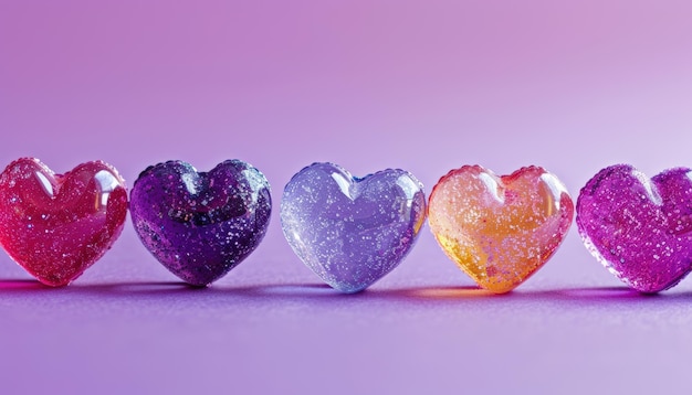 Colorful glitter heart shapes arranged in a row on a purple background symbolizing love