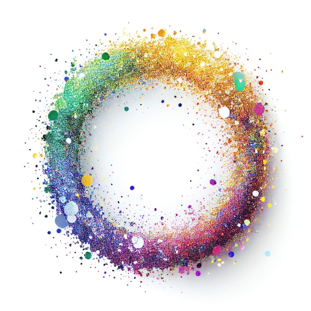 Colorful glitter swirling particles on circle frame isolated on white background