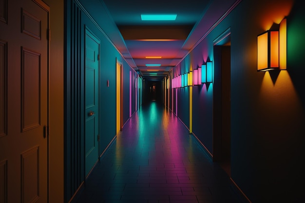 Colorful glow light on dark corridor Generative AI