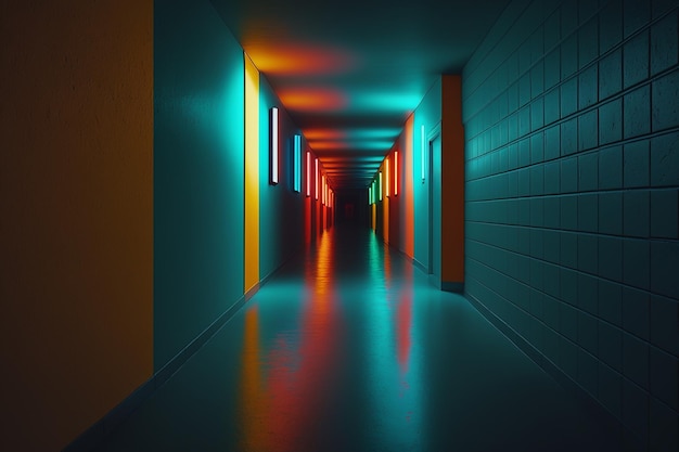 Colorful glow light on dark corridor Generative AI