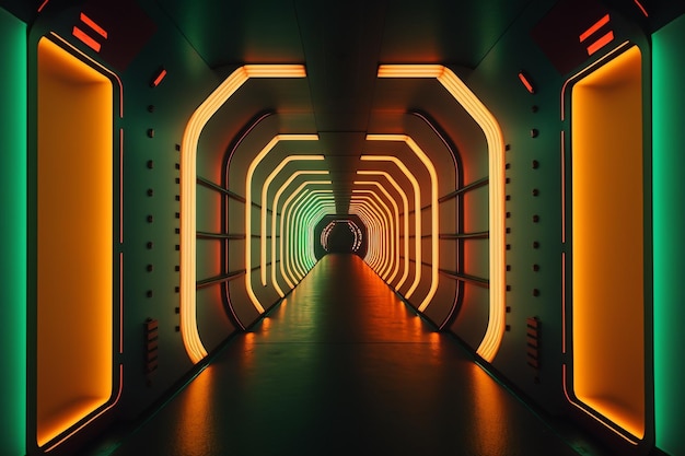 Colorful glow light on dark corridor Generative AI