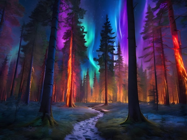 Colorful glow on the towering trees in the forest