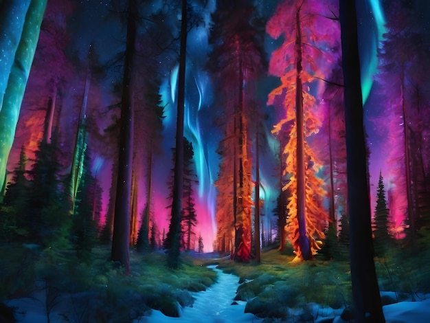 Colorful glow on the towering trees in the forest