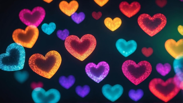 Photo colorful glowing heartshaped bokeh lights