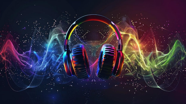 A colorful glowing pair of headphones is displayed in a vibrant Generate AI image