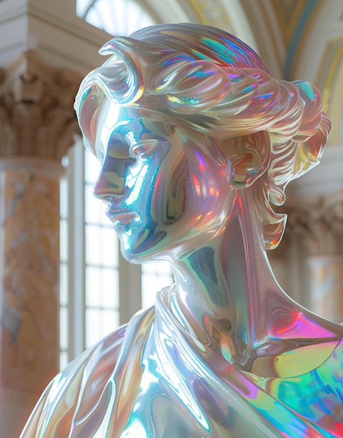 a colorful glowing statue of a woman in white in the style of shinyglossy distorted portraiture