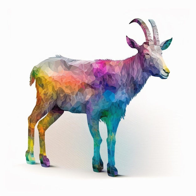 A colorful goat with a large head and horns.