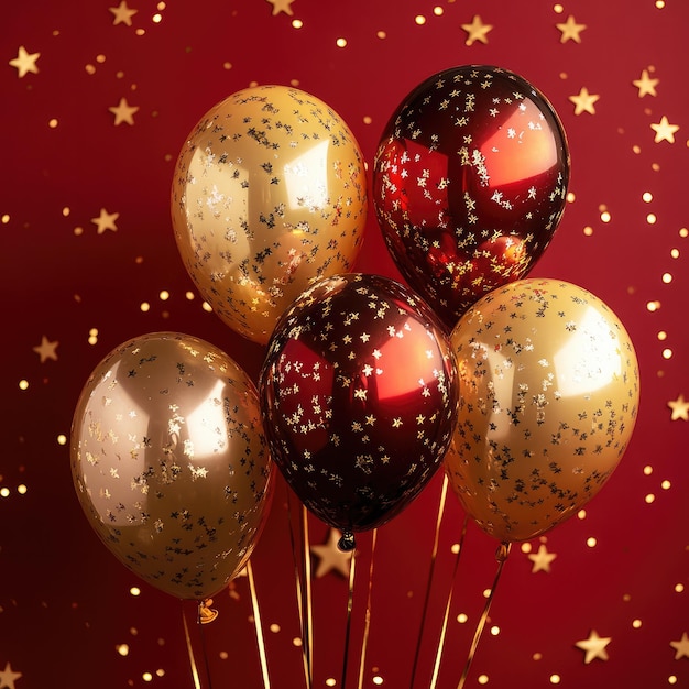 Photo colorful gold balloons on red background with star pattern in dark red and gold