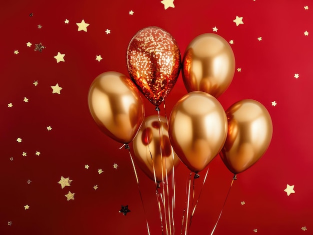 Photo colorful gold balloons on red background with star pattern in dark red and gold