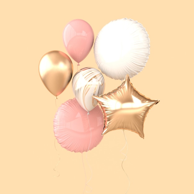 Colorful and golden foil balloons isolated on beige background