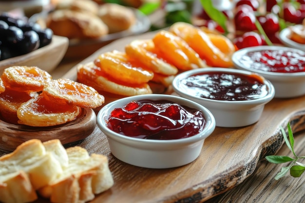 Photo colorful gourmet jam dried fruit display rustic wooden board culinary enthusiasts