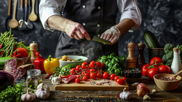 Photo colorful gourmet meal preparation chef chopping vegetables on cutting board