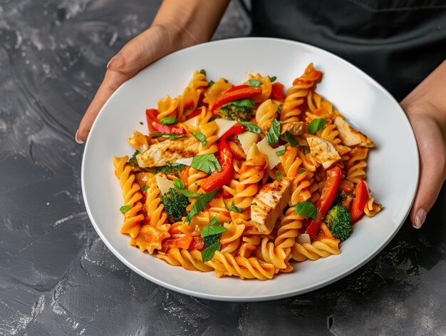 Photo colorful gourmet pasta dish being served with copy space for advertising