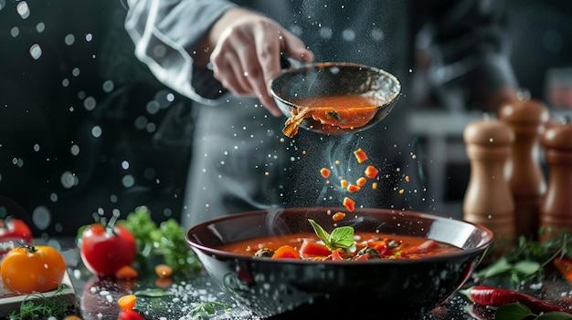 Colorful Gourmet Soup Preparation by Chef Culinary Art Image