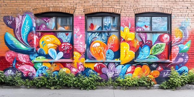 Colorful graffiti art on a brick wall with three windows