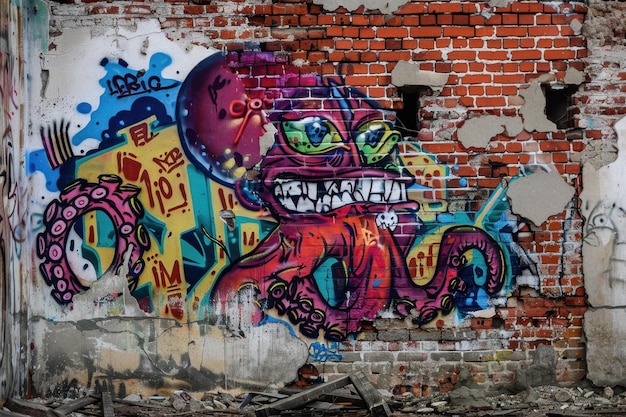 Photo colorful graffiti on brick wall with octopus face and cartoon