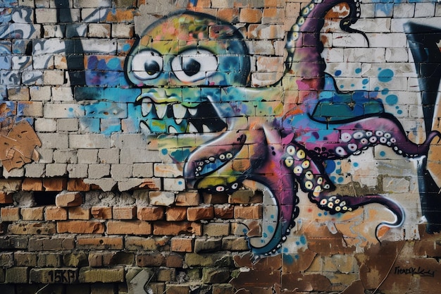 Photo colorful graffiti on brick wall with octopus face and cartoon