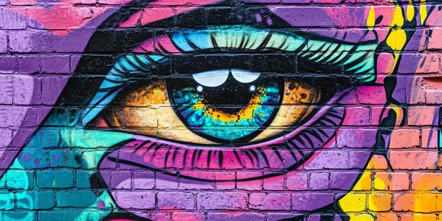 Colorful graffiti eye painted on a brick wall