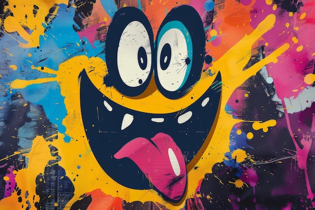 Photo colorful graffiti of a happy face with an oversized tongue vibrant street art mural