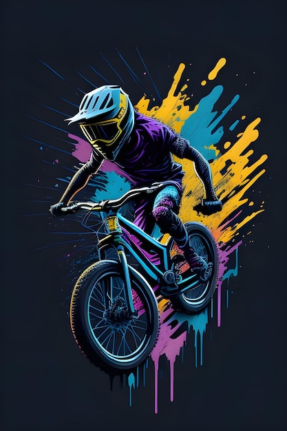 colorful graffiti illustration of a BMX biker with a colorful paint splash in the background