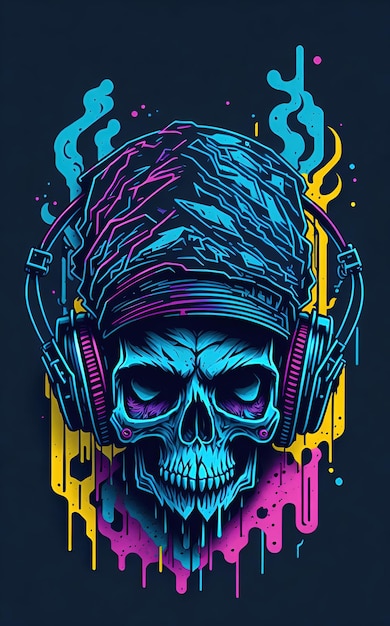 Colorful graffiti illustration of a cute skull wearing headphones vibrant color great detail