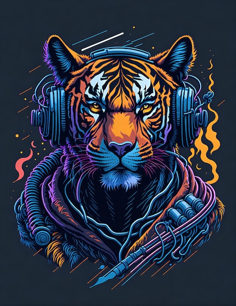 Colorful graffiti illustration of a Tiger as a DJ wearing headphones vibrant colors Digital art