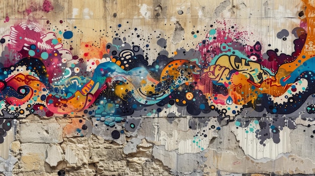 A colorful graffiti mural with a wavelike design