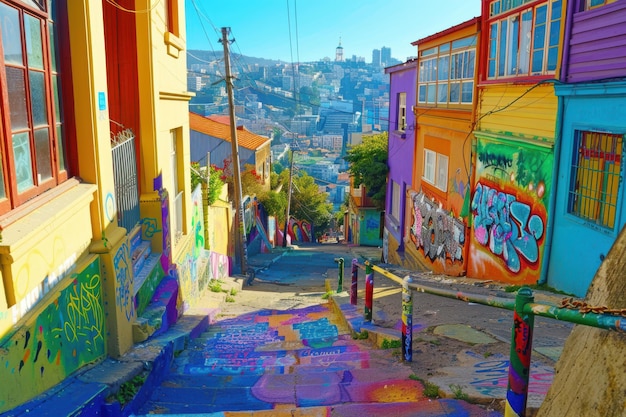 Colorful Graffiti Steps in Valparaiso Chile