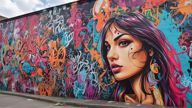 a colorful graffiti of a woman with long hair