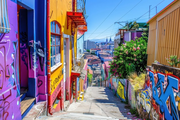 Photo colorful graffiticovered street in valparaiso chile