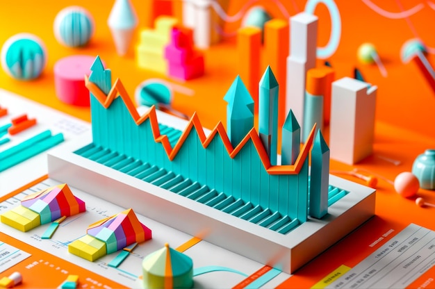 Photo a colorful graph with a green line and orange and blue bars