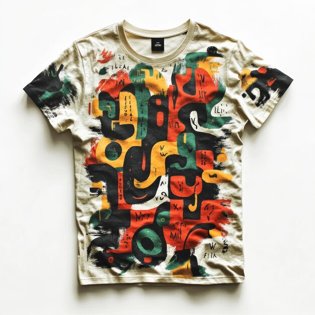 Photo a colorful graphic tshirt featuring abstract shapes and letters in vibrant colors