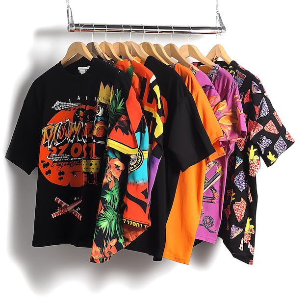 Photo colorful graphic tshirts hanging on a clothes rack