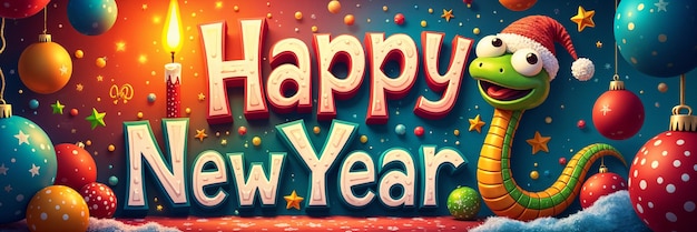 Colorful graphic with the text Happy New Year featuring a cartoon snake and Christmas ornaments