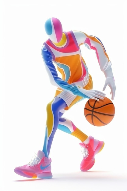 colorful graphical illustration of a 3D character playing basketball