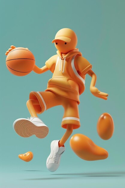 Photo colorful graphical illustration of a 3d character playing basketball