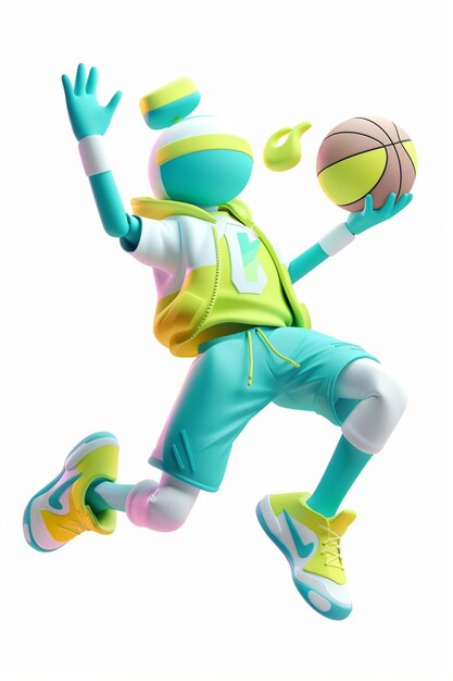 Photo colorful graphical illustration of a 3d character playing basketball