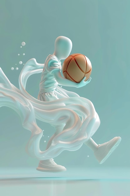 colorful graphical illustration of a 3D character playing basketball